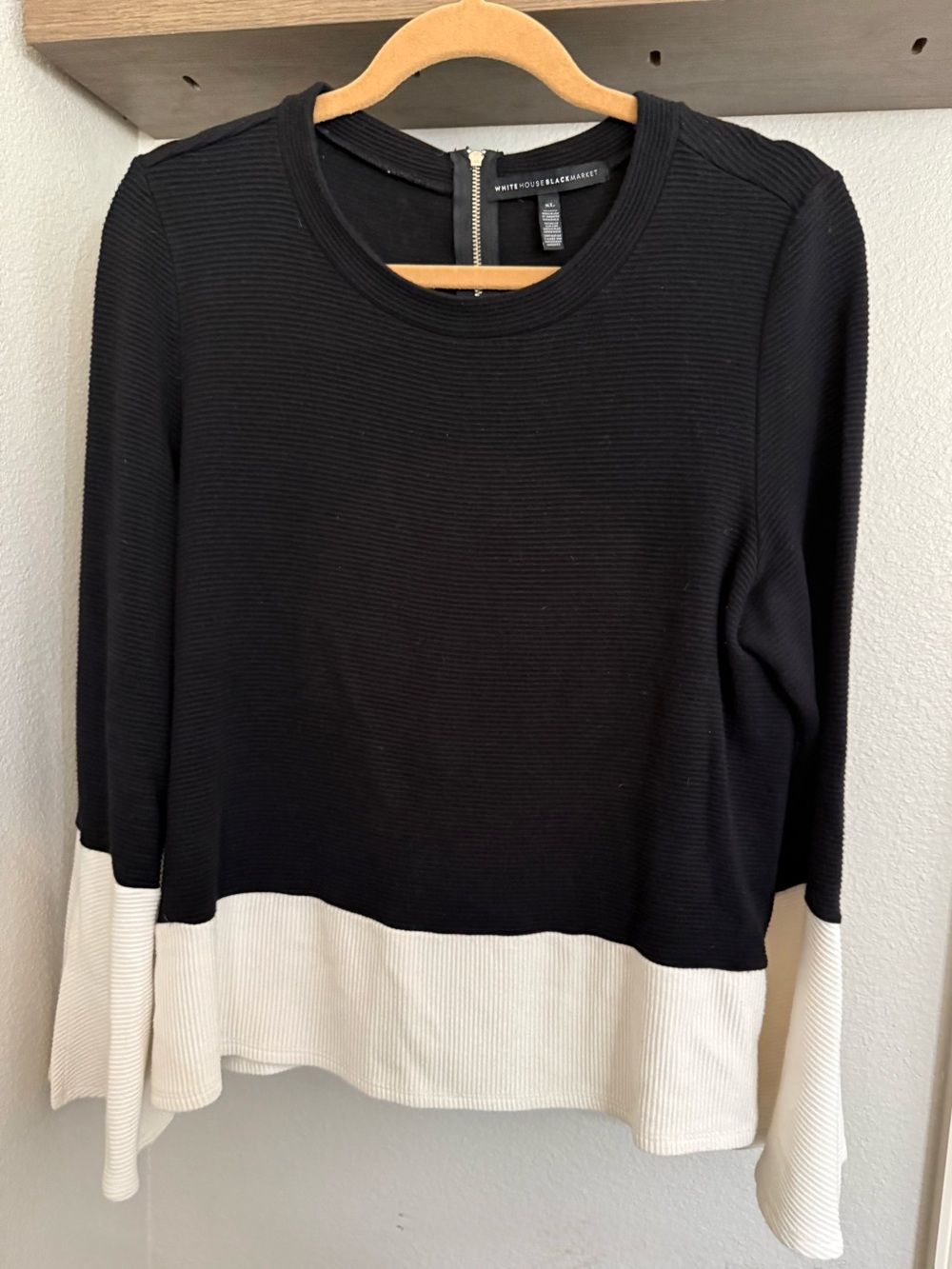 White House Black Market Black and Cream Ribbed Colorblock Long Sleeve Top